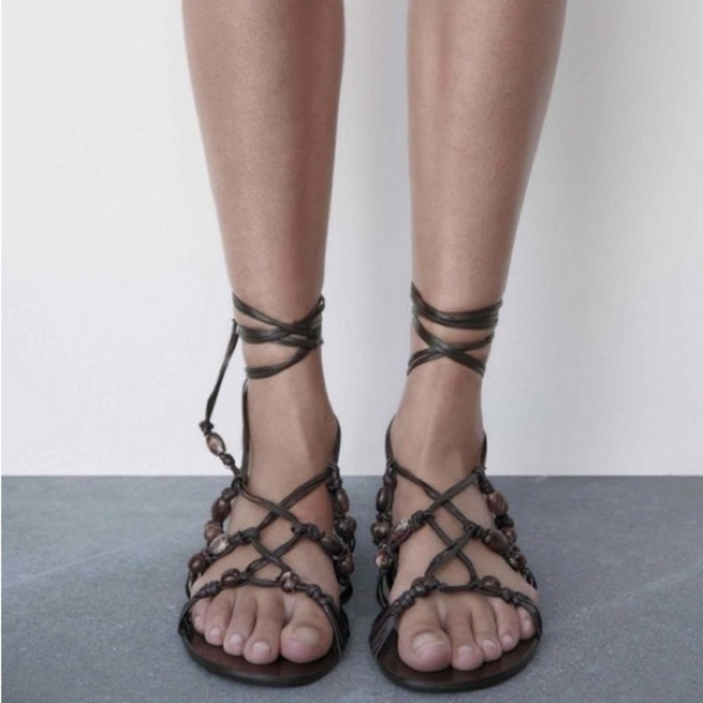 Zara Flat Brown Strappy Sandals w Stones